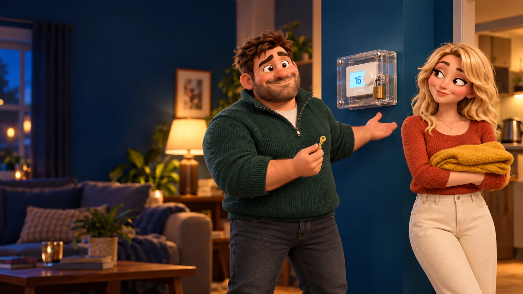 Stocky Nicky in his forest-green quarter-zip proudly presents the locked thermostat, while Kelly in rust and cream holds a mustard jumper and gives him a knowing smile.